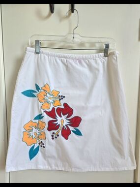 White A-Line Skirt with Red & Yellow Tropical Floral Appliqué